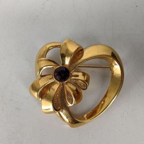 Vintage goldstone with rhinestone in heart‎ brooch - Picture 1 of 8